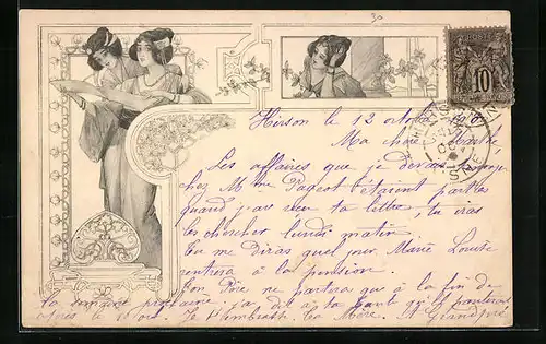 AK Damen mit Schriftstück und Ornamenten, Jugendstil