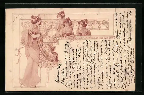 AK Frauen lauschen dem Harfenspiel, Jugendstil