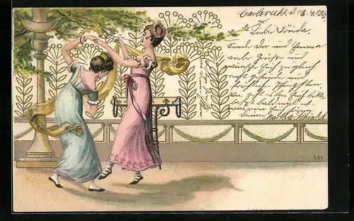 AK Frauen tanzen mit Schleier, Jugendstil