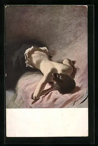 Künstler-AK G. Hirth`s Verlag, Serie: XIX, 1., Frau mit nacktem Oberkörper bäuchlings auf einem Bett