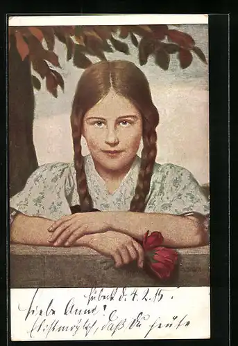 Künstler-AK G. Hirth`s Verlag, Serie: VI, 6., Mädchen mit Zopfen und roten Blumen in der Hand