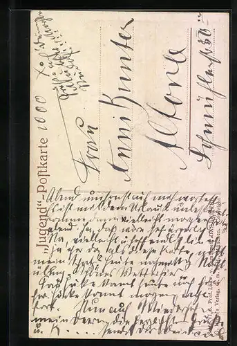 Künstler-AK G. Hirth`s Verlag, Serie: VI, 6., Mädchen mit Zopfen und roten Blumen in der Hand