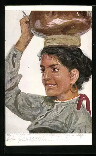 Künstler-AK G. Hirth`s Verlag, Serie: XIII, 2. Junge Frau mit Krug auf dem Kopf