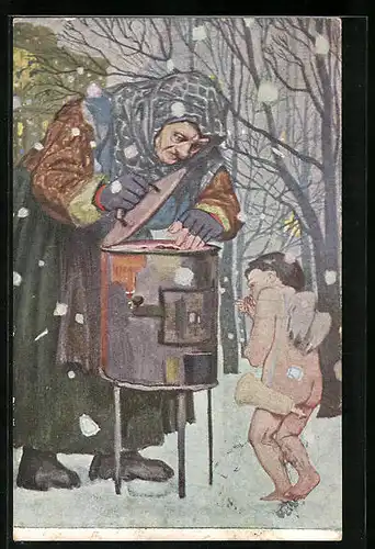 Künstler-AK G. Hirth`s Verlag, Serie: XXVIII, 4., Alte Frau und Engel am Ofen im Schnee