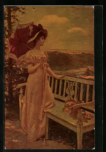 Künstler-AK Degi Nr. 708: Sehnsucht - Junge Frau mit Schirm an einer Holzbank vor Landschaft
