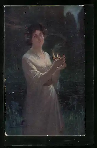 Künstler-AK Degi Nr. 549: Die Vestalin - Junge Frau mit Öllicht in der Nacht