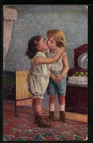 Künstler-AK Degi Nr. 1041: The first kiss - Kleines Mädchen küsst kleinen Jungen