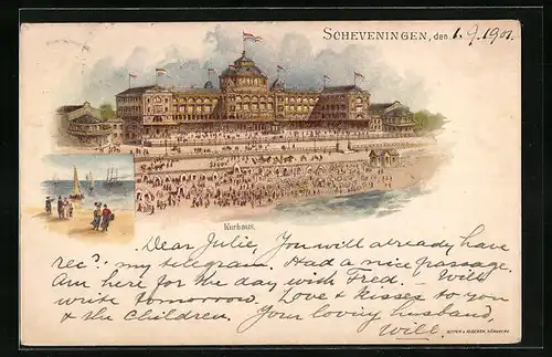 Künstler-AK Scheveningen, Kurhaus, Strandpartie mit Segelbooten