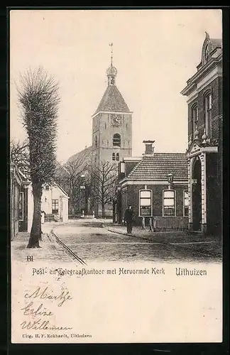 AK Uithuizen, Post- en Telegraafkantoor met Hervormde Kerk