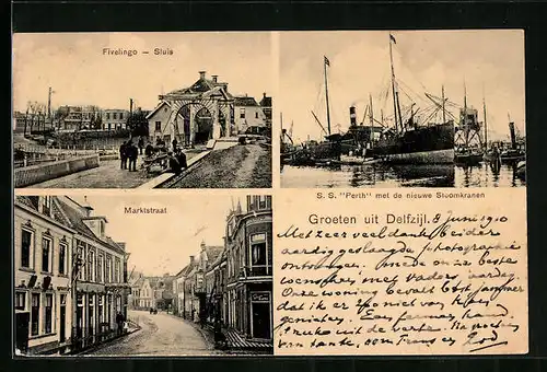 AK Delfzijl, Fivelingo-Sluis, S. S. Perth met de nieuwe Stoomkranen, Marktstraat