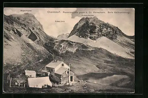 AK Rappenseehütte, Berghütte in Oberstdorf gegen die Gr. Steinscharte