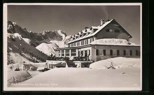 AK Adolf Zoeppritzhaus am Kreuzeck, Berghütte im Schnee