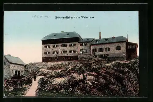 AK Unterkunftshaus am Watzmann, Berghütte vom Weg aus gesehen