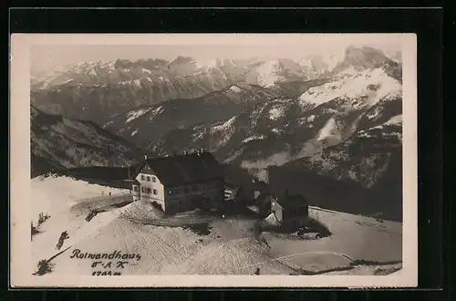 AK Rotwandhaus, Berghütte aus der Vogelschau im Schnee