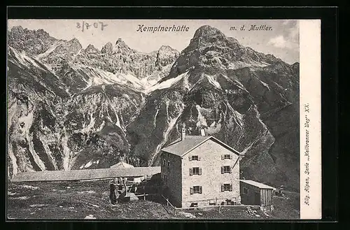 AK Kemptnerhütte, Berghütte aus der Vogelschau m. d. Muttler