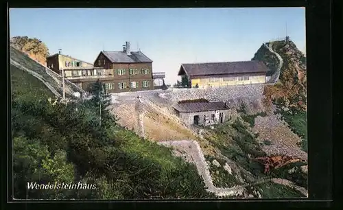 AK Wendelsteinhaus, Berghütte mit Befestigungsanlage aus der Vogelschau