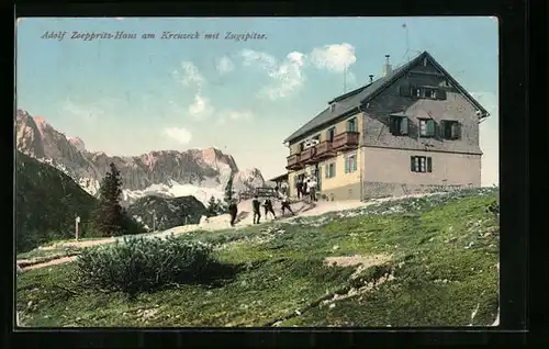 AK Adolf-Zoeppritz-Haus, Berghütte am Kreuzeck mit Zugspitze