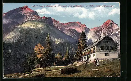 AK Adolf Zoeppritzhaus, Berghütte am Kreuzeck mit Alpspitze, Zugspitze und Waxenstein