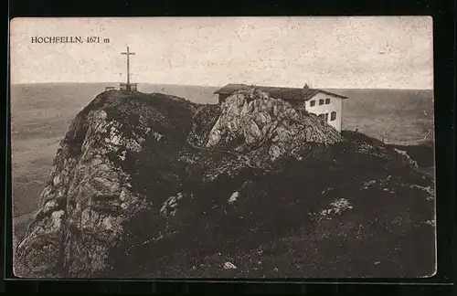 AK Hochfellnhaus, Berghütte auf dem Hochfelln und Gipfelkreuz aus der Vogelschau