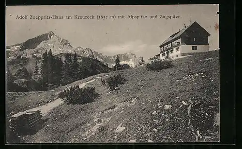 AK Adolf Zoeppritz-Haus, Berghütte am Kreuzeck mit Alpspitze und Zugspitze