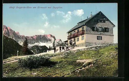 AK Adolf Zoeppritz-Haus, Berghütte am Kreuzeck mit Zugspitze