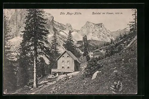 AK Otto Mayr-Hütte, Berghütte aus der Vogelschau im Reintal bei Füssen