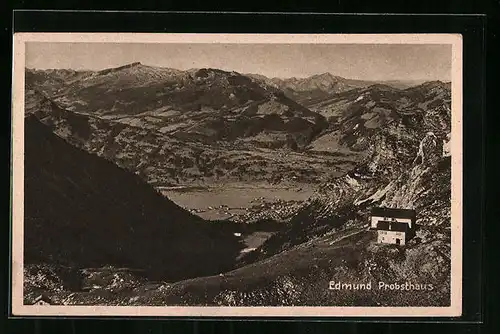 AK Edmund Probsthaus, Berghütte am Nebelhorn mit Blick auf Oberstdorf