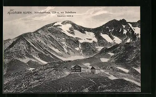 AK Nebelhornhaus in den Allgäuer Alpen, Berghütte aus der Ferne