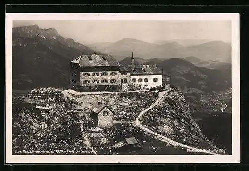 AK Watzmannhaus mit Untersberg, Berghütte aus der Vogelschau