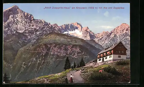 AK Adolf Zöppritzhaus am Kreuzeck mit Alp und Zugspitze