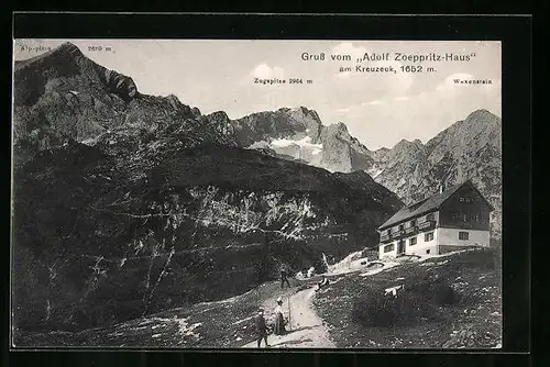 AK Adolf Zöppritz-Haus am Kreuzeck, Berghütte mit Blick auf Zugspitze und Waxenstein