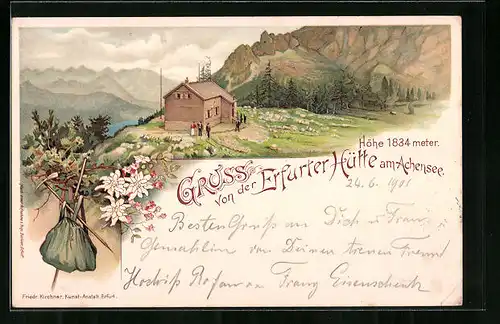 AK Erfurter Hütte am Achensee, Ortspartie mit Berghütte