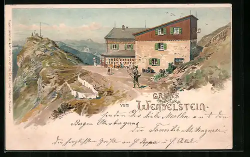 Künstler-AK Edward Theodore Compton: Wendelsteinhaus, Berghütte mit Panorama