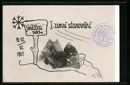 AK Zwei Männer mit Zelt auf der Schneekoppe, Expedition