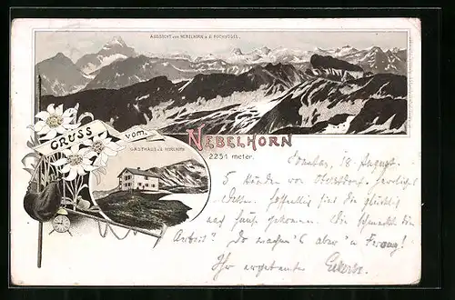 Vorläufer-Lithographie Oberstdorf, 1895, Gasthaus a. d. Nebelhorn, Aussicht vom Nebelhorn a. d. Hochvogel