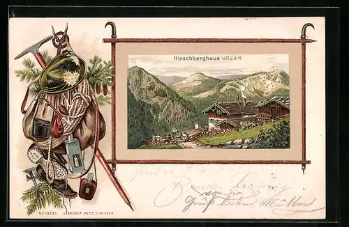 Präge-AK Hirschberghaus, Blick zur Berghütte, Passepartout