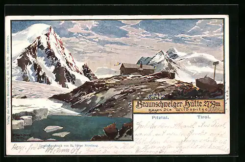Künstler-AK Zeno Diemer: Braunschweiger Hütte, Berghütte gegen die Wildspitze