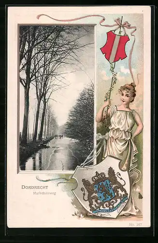 Passepartout-Lithographie Dordrecht, Markettenweg bei Starkregen, Wappen