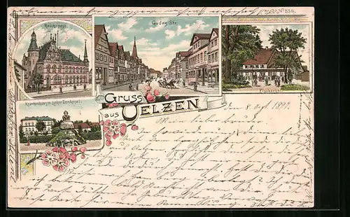 Lithographie Uelzen, Gudes-Strasse, Gasthaus Fischerhof, Krankenhaus