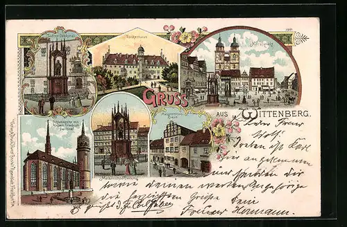 Lithographie Wittenberg, Lutherhaus, Marktplatz, Melanchthon-Haus