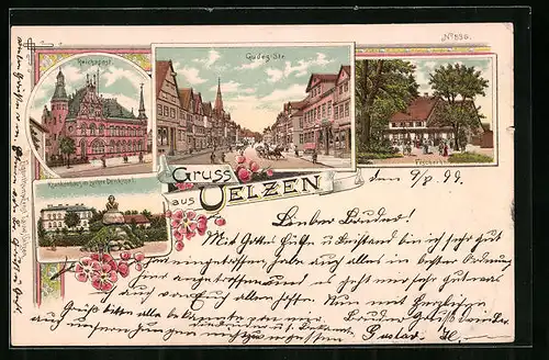 Lithographie Uelzen, Gasthaus Fischerhof, Reichspost, Krankenhaus mit Luther-Denkmal