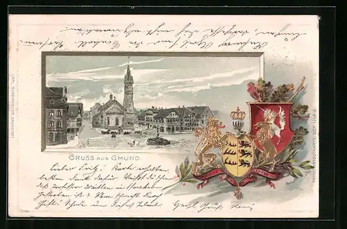 Passepartout-Lithographie Gmünd, Strassenpartie mit Kirche und Brunnen, Wappen