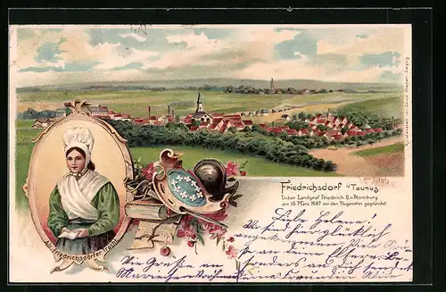 Lithographie Friedrichsdorf i /Taunus, Teilansicht, Alt Friedrichsdörfer Tracht