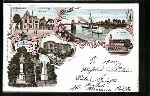 Lithographie Rendsburg, Rathaus, Gymnasium, Kaiserliches Postamt