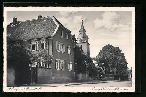 AK Arheilgen b. Darmstadt, Evangelische Kirche und Pfarrhaus