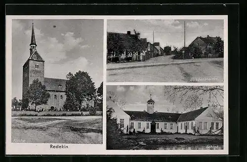 AK Redekin, Kirche, Schloss, Strassenansicht