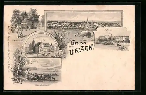 Lithographie Uelzen, Ortsansicht, Bahnhof, Kaiserl. Postamt