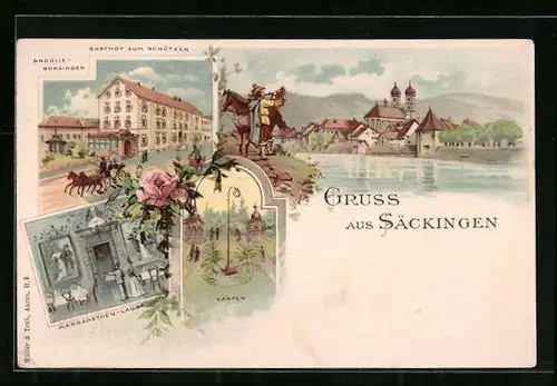 Lithographie Säckingen, Gasthof zum Schützen, Margarethen-Laube