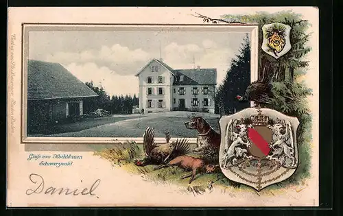 Passepartout-Lithographie Badenweiler /Schwarzwald, Hochblauen mit Gasthof und Wappen