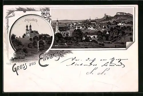 Lithographie Ellwangen, Ortsansicht und Schönenberg